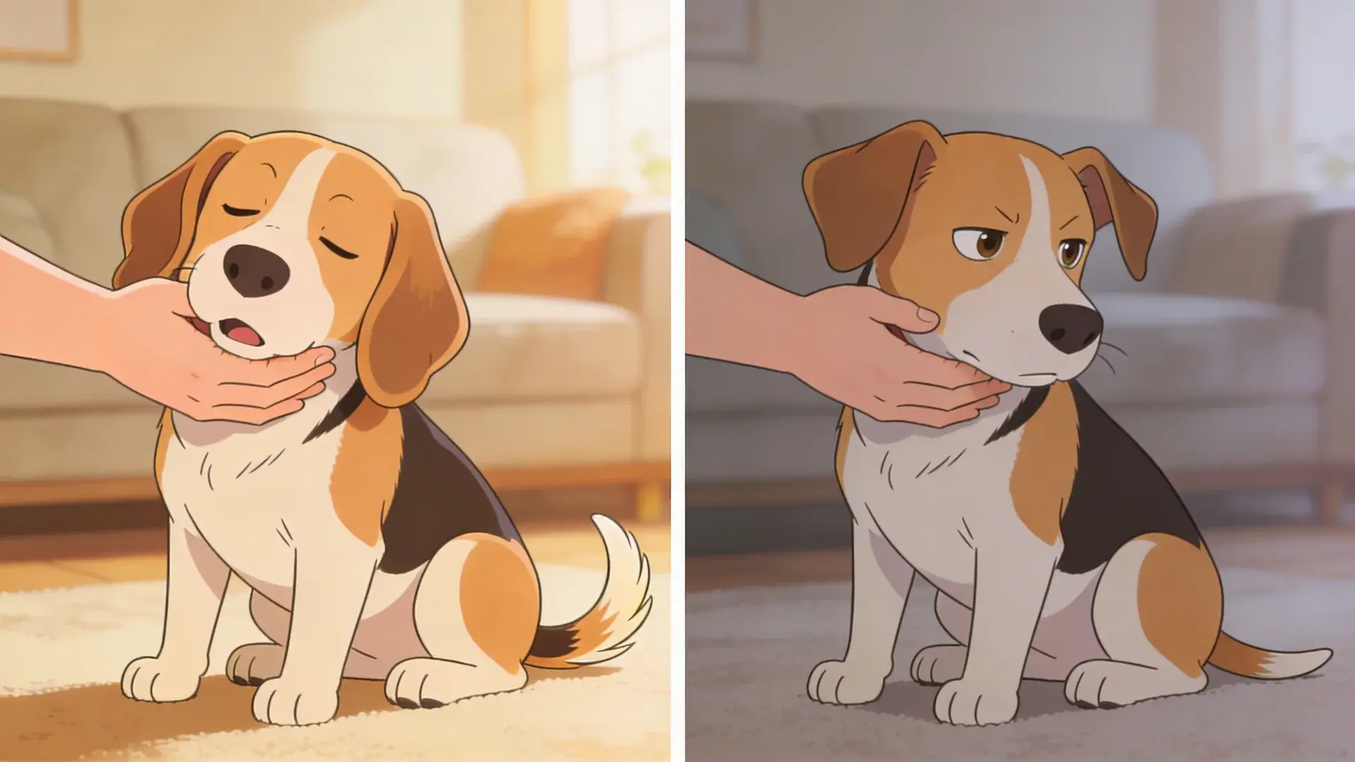 Illustration of dog enjoying gentle chin rub versus annoyed reaction showing petting comfort and body language cues