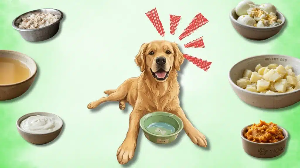 Illustration of dog with diarrhea surrounded by bland foods like chicken, rice, pumpkin, and yogurt