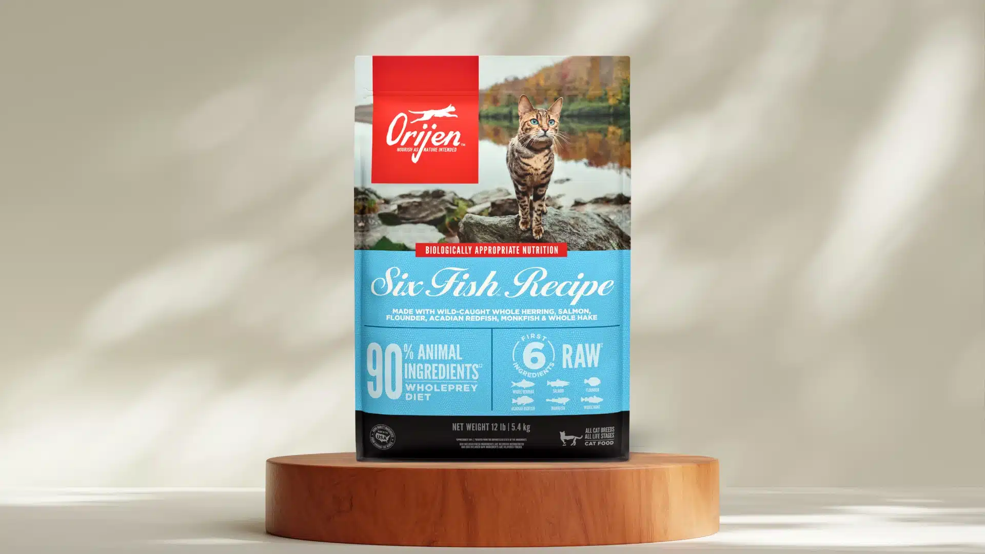 Orijen Six Fish Recipe cat food bag on wooden stand with cat near water and blue label fish based protein diet
