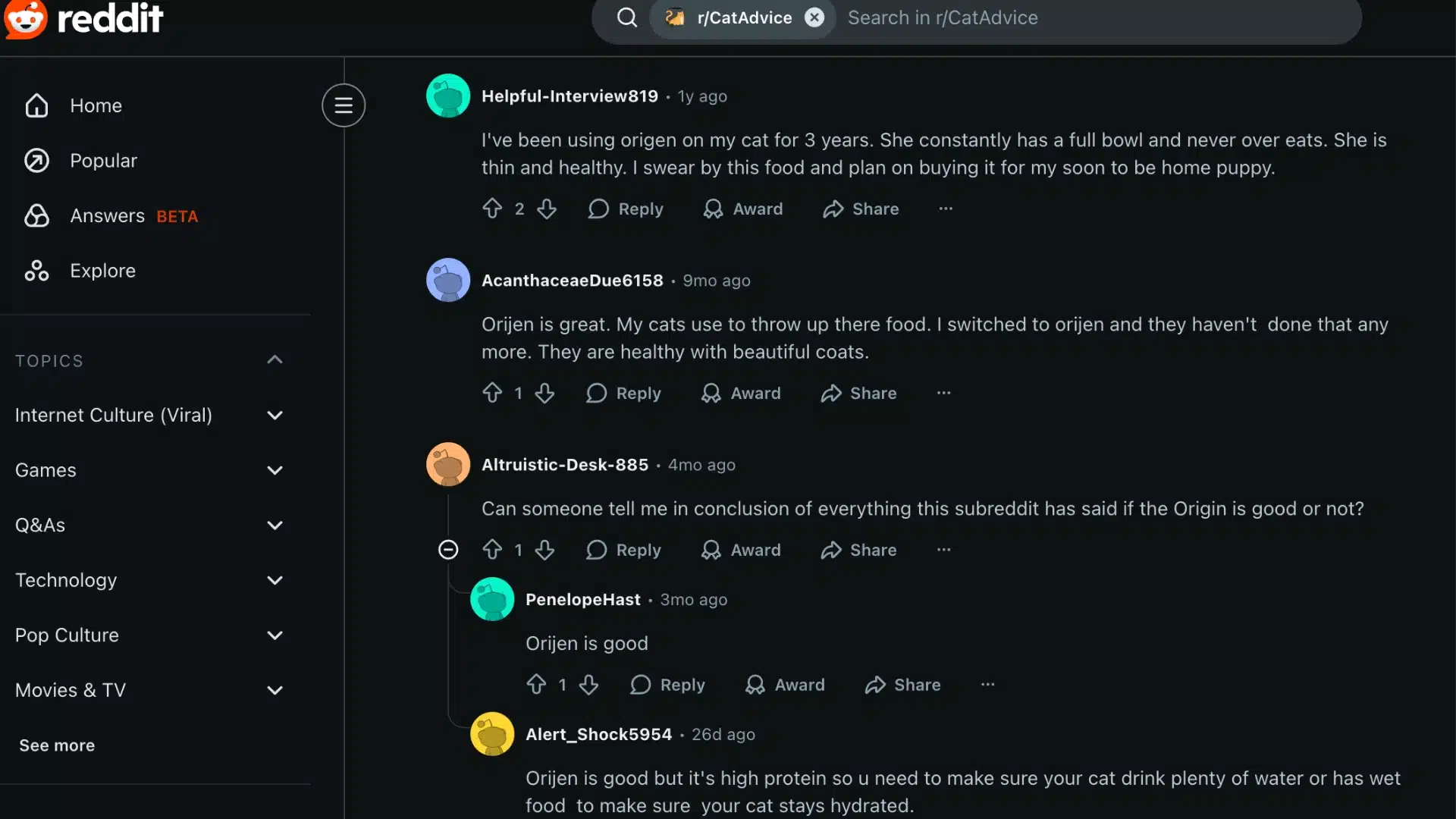 Reddit thread showing user reviews and opinions about Orijen cat food with comments on health and digestion