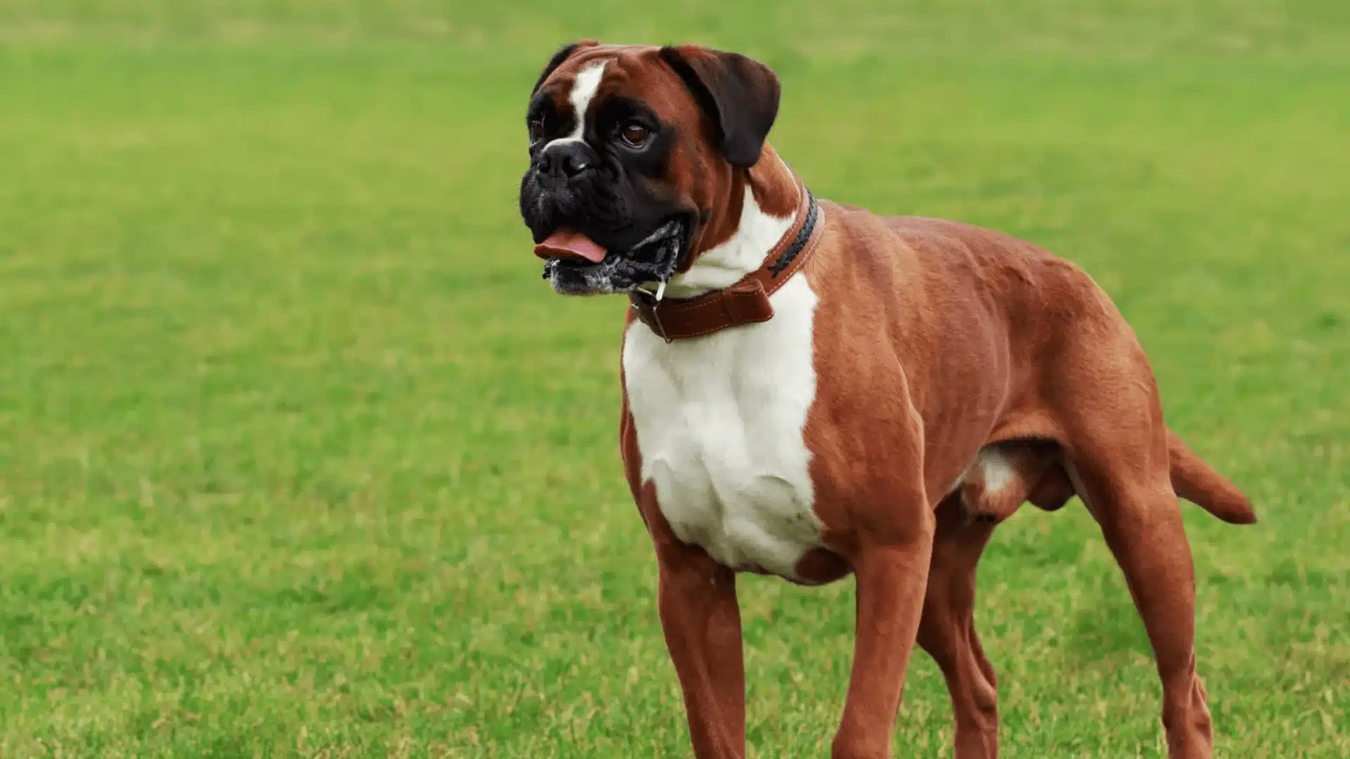 Boxer dog standing on green grass outdoors, tongue out, muscular build with alert posture in open park setting