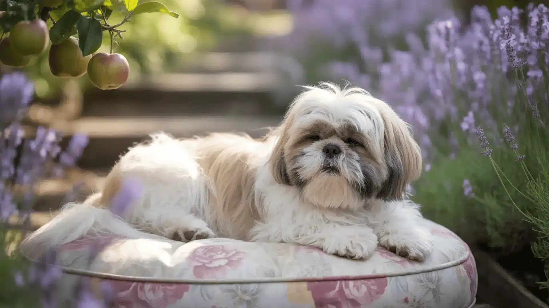 Shih Tzu dog resting on floral cushion outdoors, surrounded by lavender plants in soft natural garden light