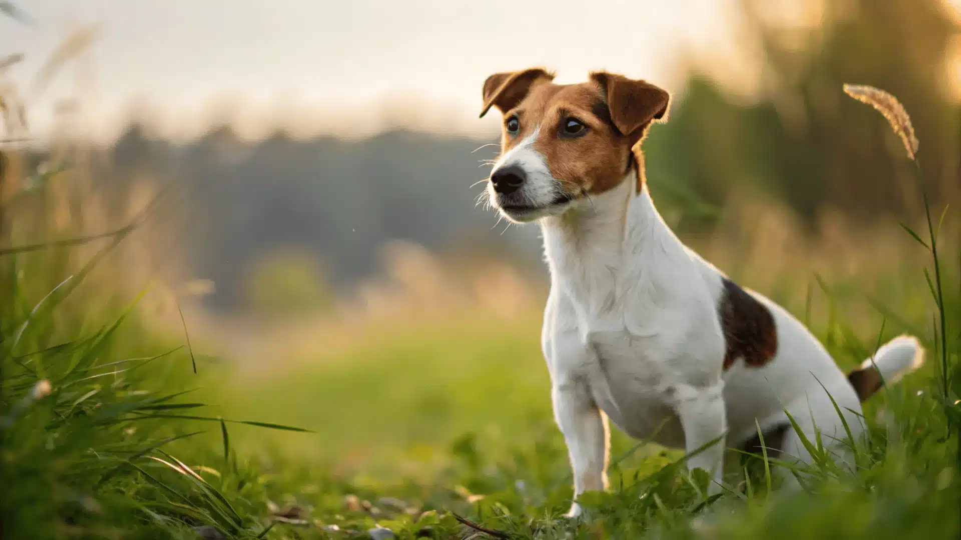 Jack Russell Terrier sitting on grass during sunset, focused expression with soft natural light in background
