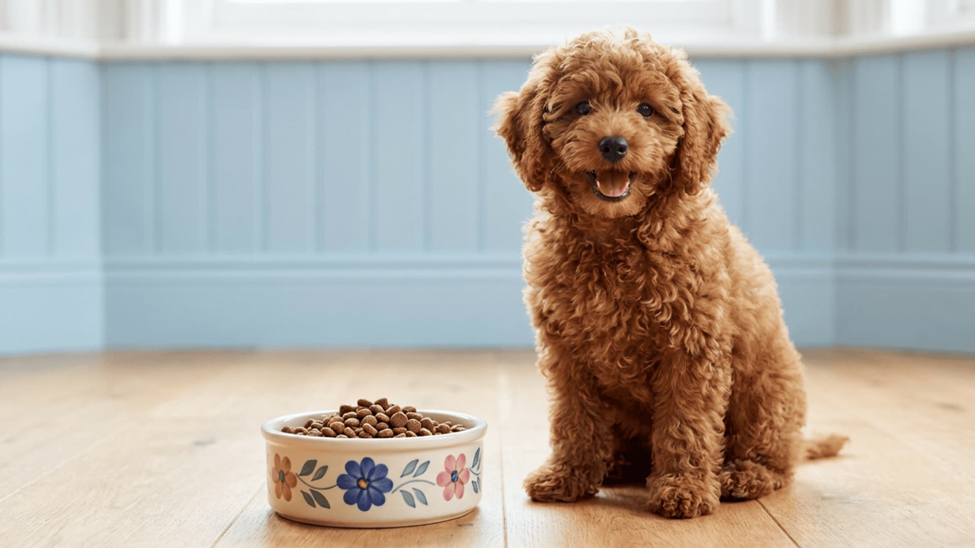 Curly brown poodle puppy sitting beside a bowl of dry dog food indoors