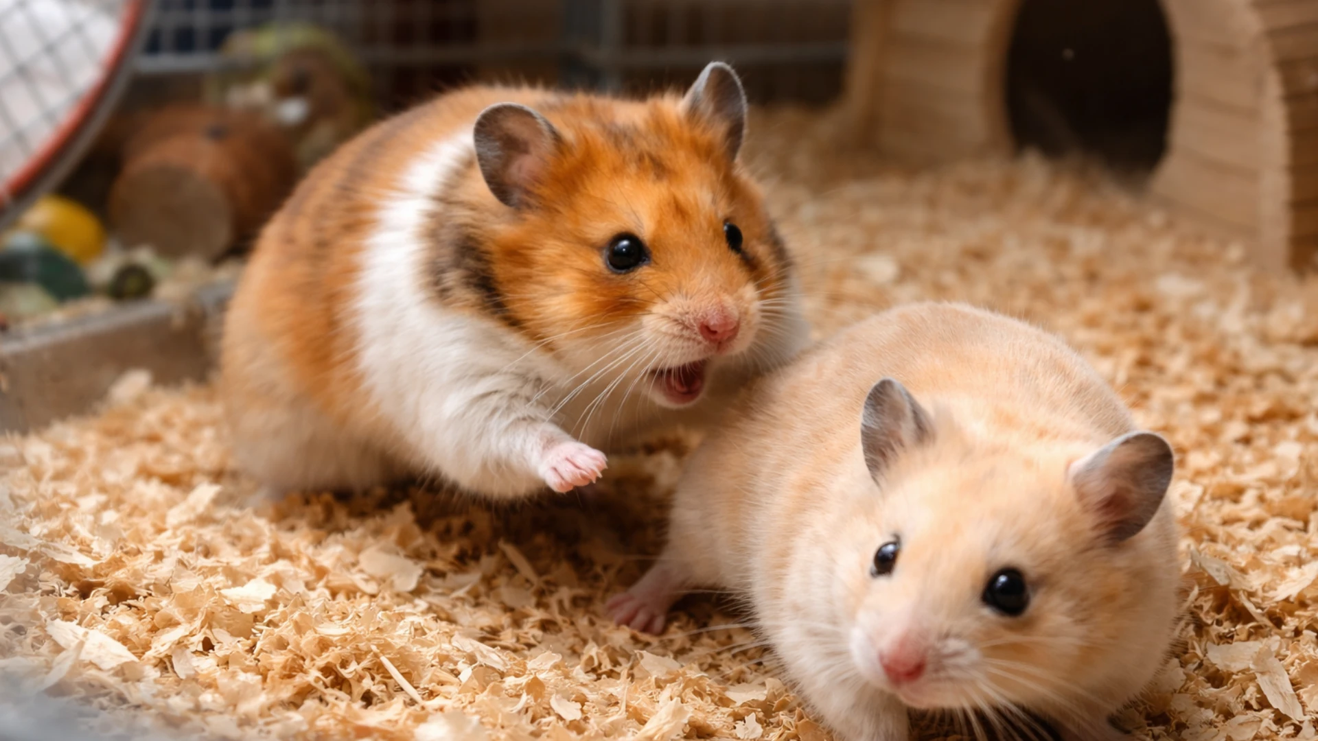 Two Syrian hamsters in a cage showing aggressive interaction, one chasing the other across bedding, illustrating stress and territorial behavior in shared housing