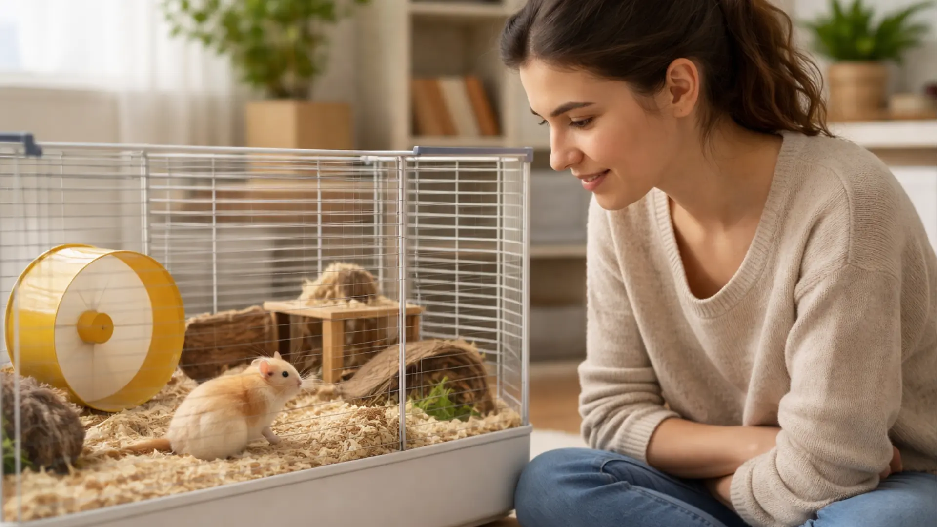 owner sitting calmly near hamster cage while hamster explores inside, showing gentle interaction and trust building in a natural home environment