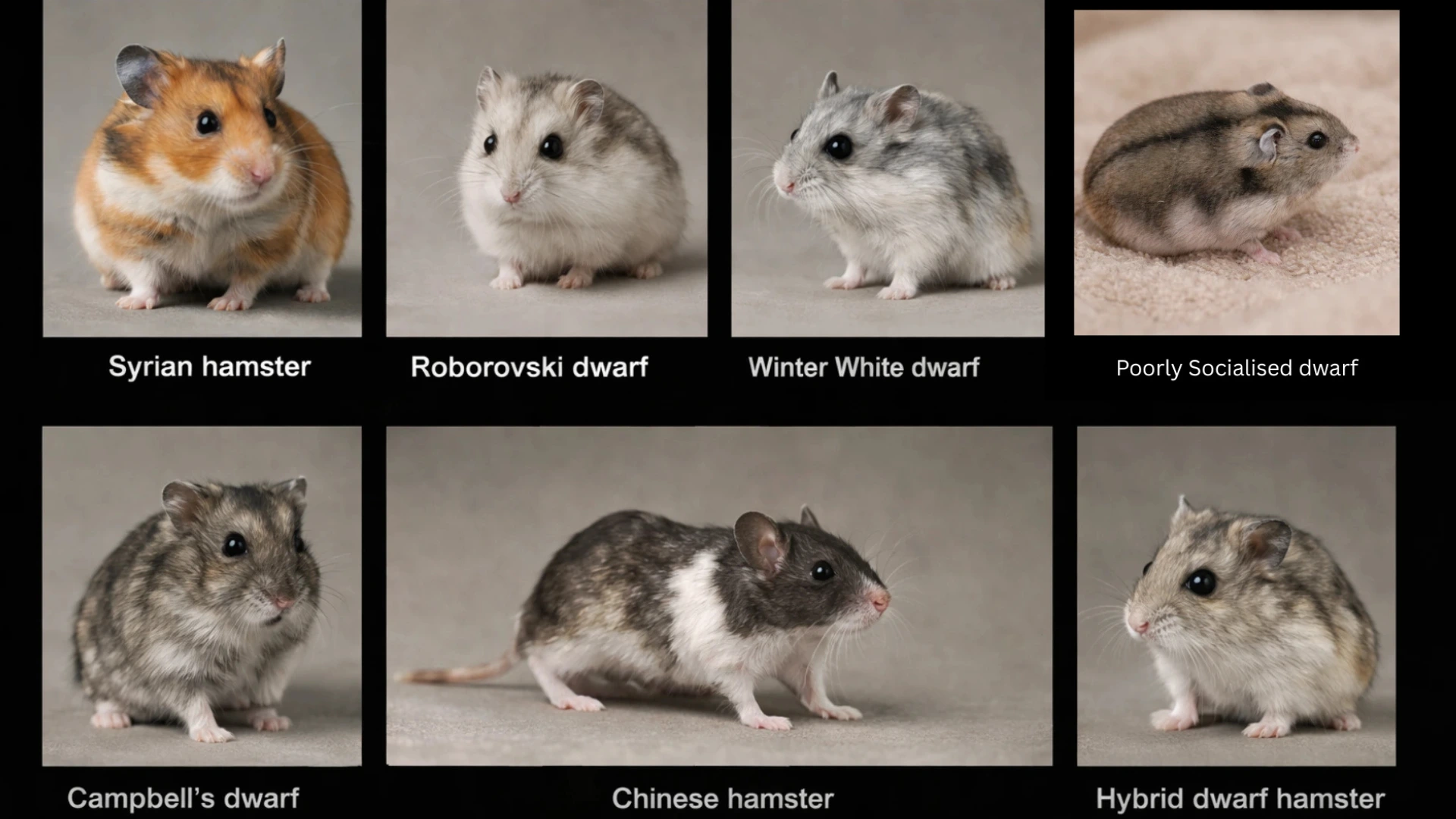 Seven hamster breeds collage on black background with labeled images showing Syrian, dwarf, Chinese, and hybrid types clearly (1)