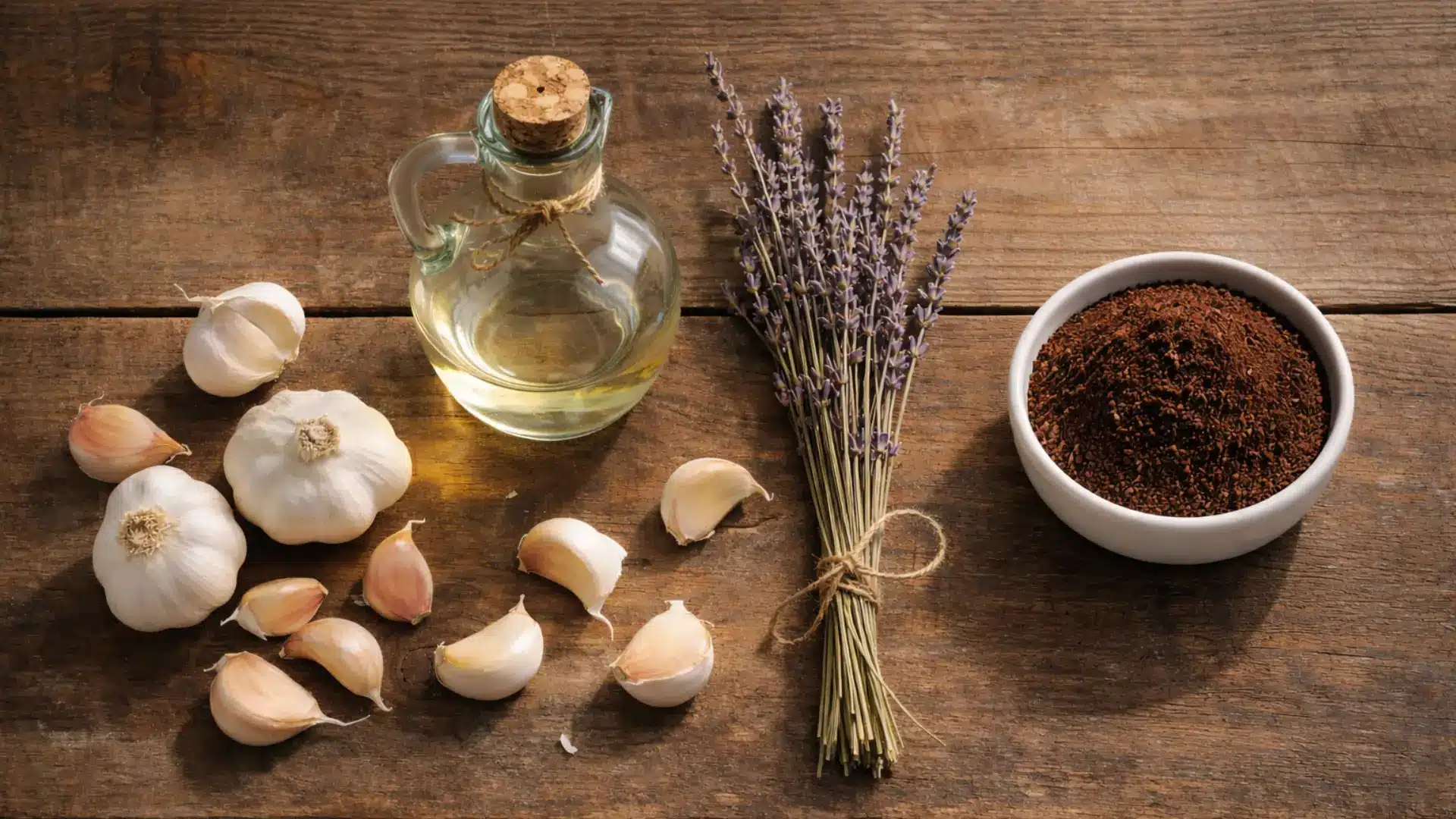 Garlic cloves, glass oil bottle, lavender bundle, and ground coffee arranged on rustic wooden table