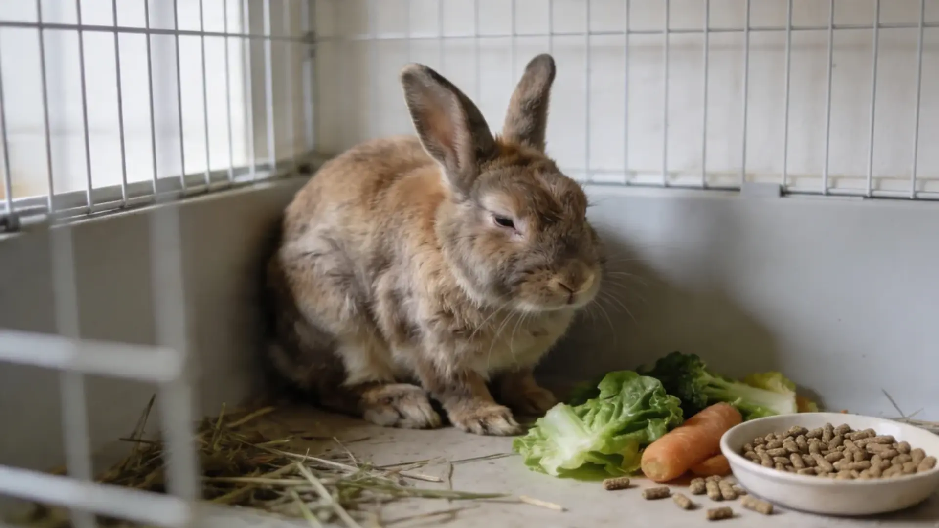 rabbit sitting in cage with vegetables and pellets, calm indoor pet care feeding scene