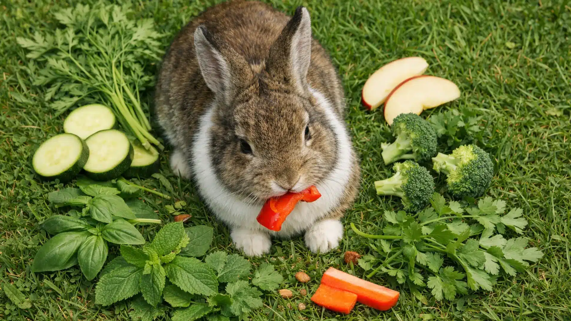 rabbit eating fresh vegetables on grass with broccoli cucumber herbs and apple slices, natural outdoor feeding scene