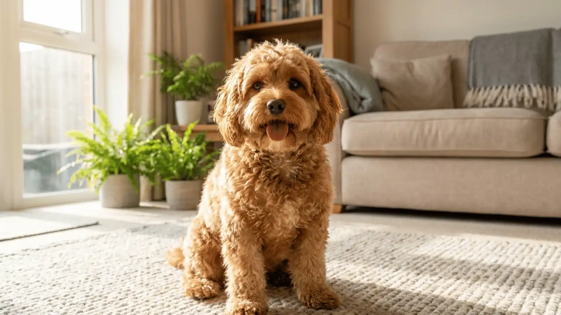 A samll sized cavapoo sitting peacefully