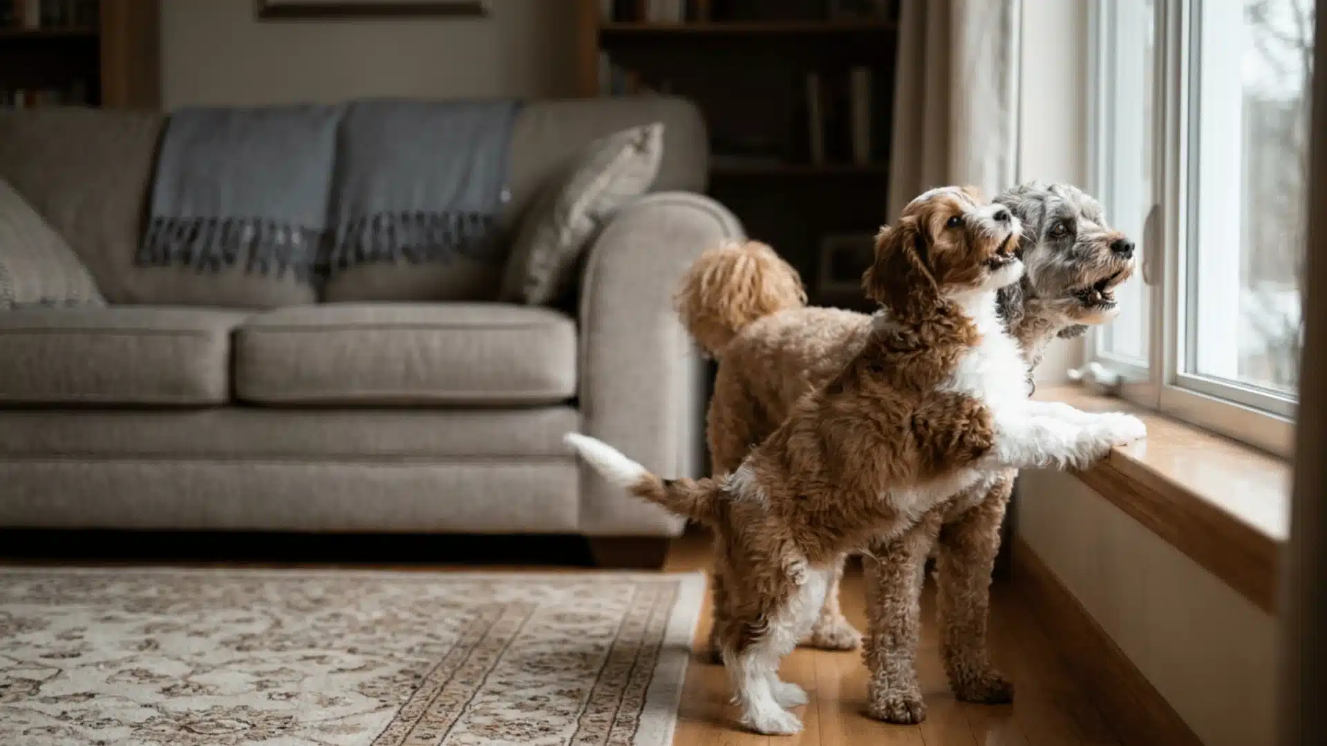 Two cavapoos looking out of the window anxiously