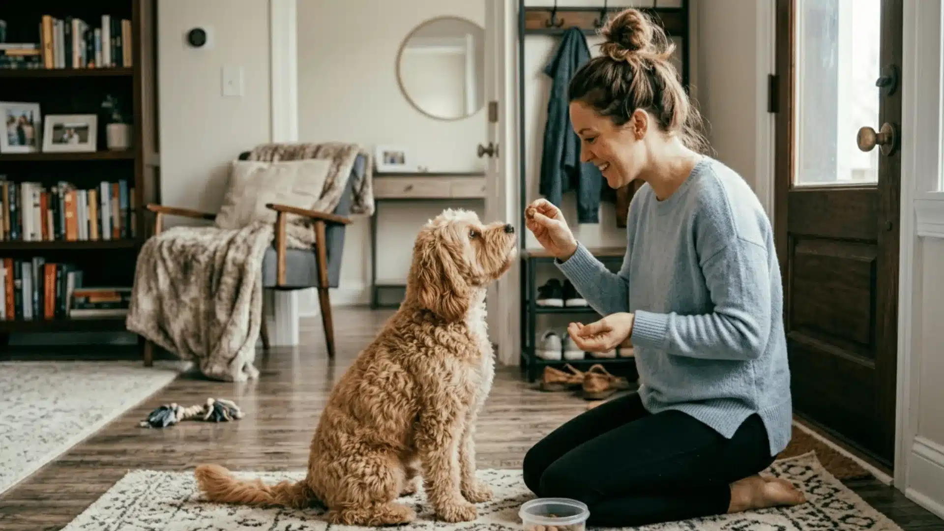 Owner training Cavapoo to stay quiet using positive reinforcement