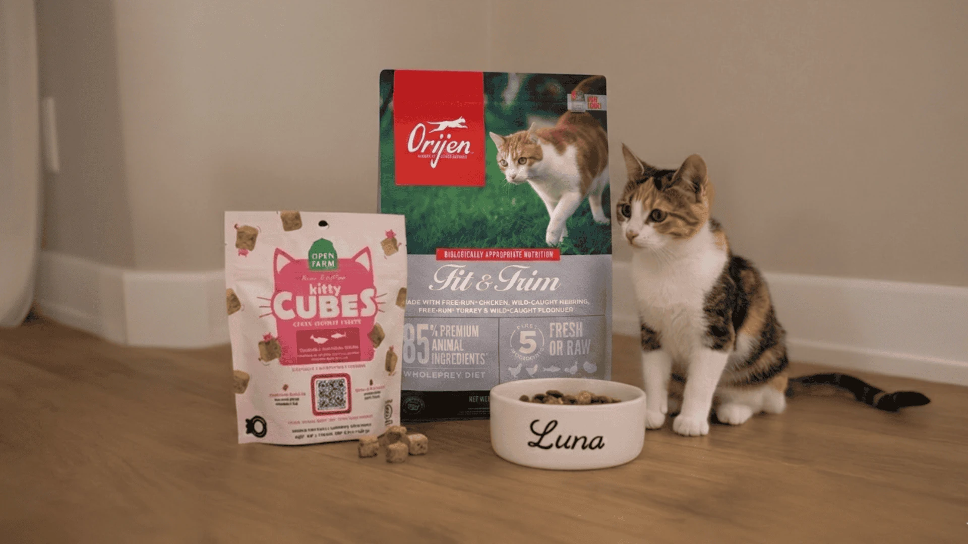 Orijen dry cat food bag with Open Farm treats and cat beside bowl showing product variety for cats