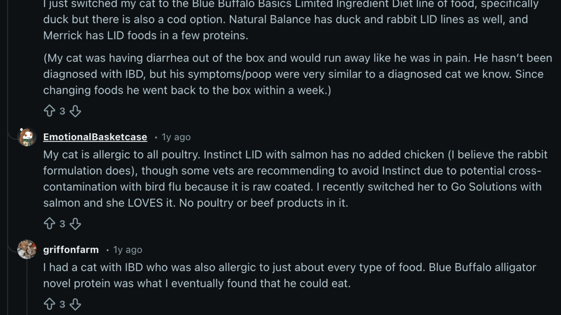 Reddit comments showing real cat owner experiences with different cat foods and allergy related diet discussions