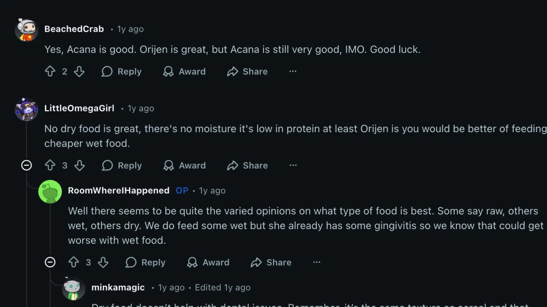 Reddit discussion on Orijen vs Acana cat food showing mixed opinions on quality, moisture content, and feeding choices