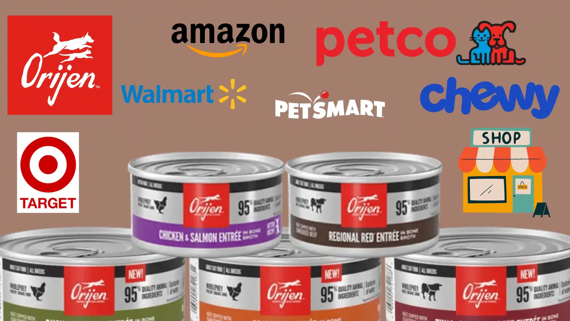 Logos of Orijen, Amazon, Petco, Chewy, Walmart, PetSmart, and Target with Orijen canned cat food