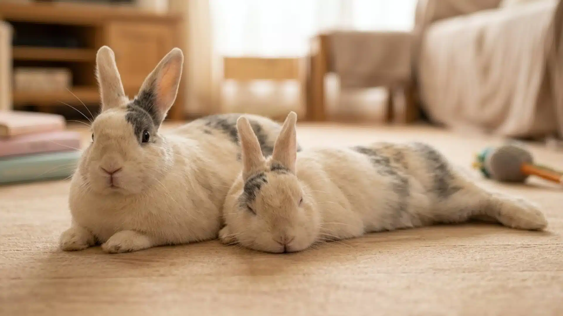 Two pet rabbits resting on indoor floor, showing calm behavior and safe home living environment