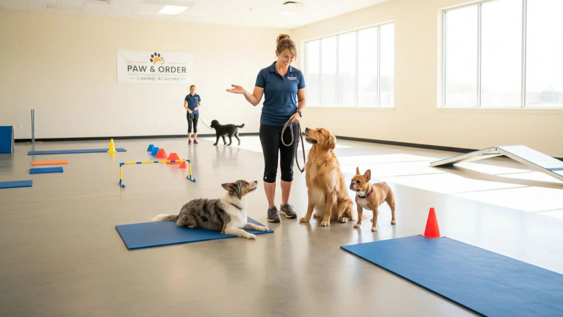 Indoor dog training class with instructor guiding different breeds through agility and obedience exercises in facility