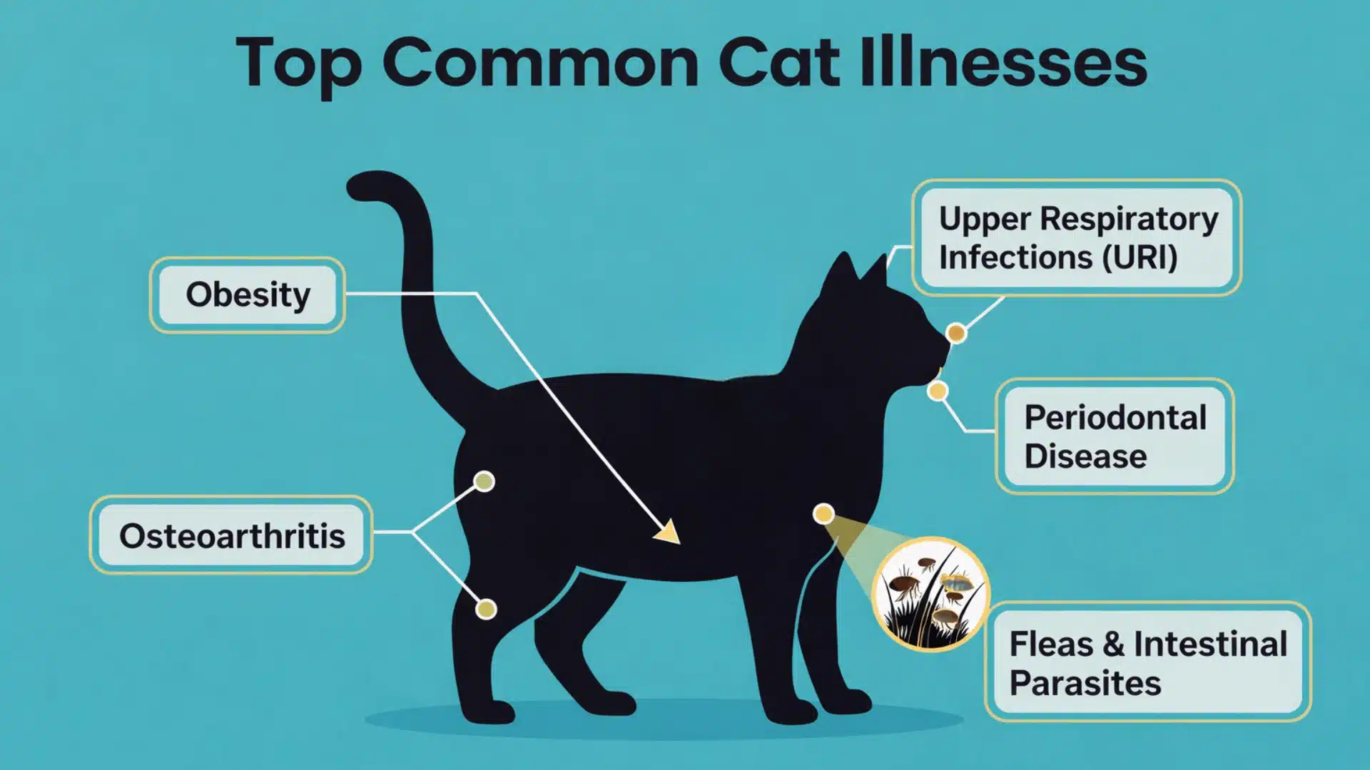 Infographic of common cat illnesses with labeled callouts for obesity, arthritis, URI, dental disease, and parasites
