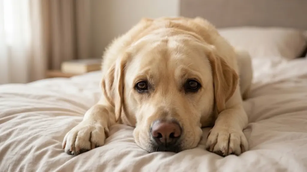 Labrador lying low on bed looking tired and withdrawn, possible sign of unusual or low energy behavior