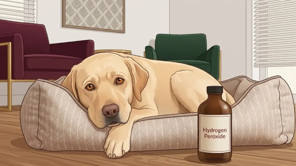 Labrador resting on a dog bed indoors with a bottle of hydrogen peroxide placed nearby on the floor