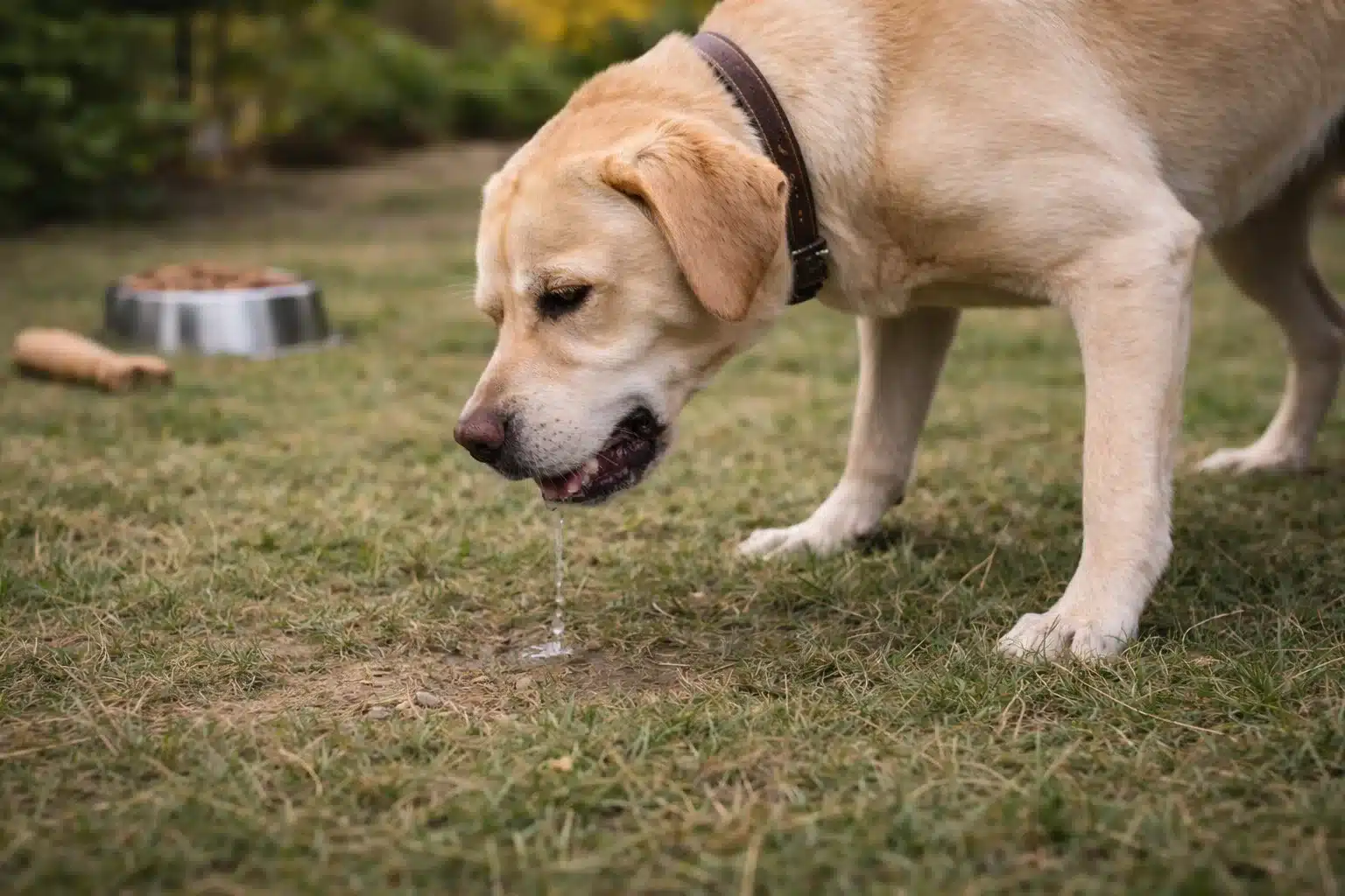 Labrador retriever gagging on grass after eating too fast with food bowl visible in background