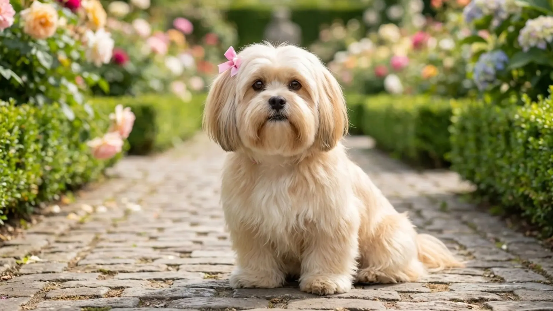Lhasa Apso sitting on cobblestone path in garden long haired small dog with bow among flowers
