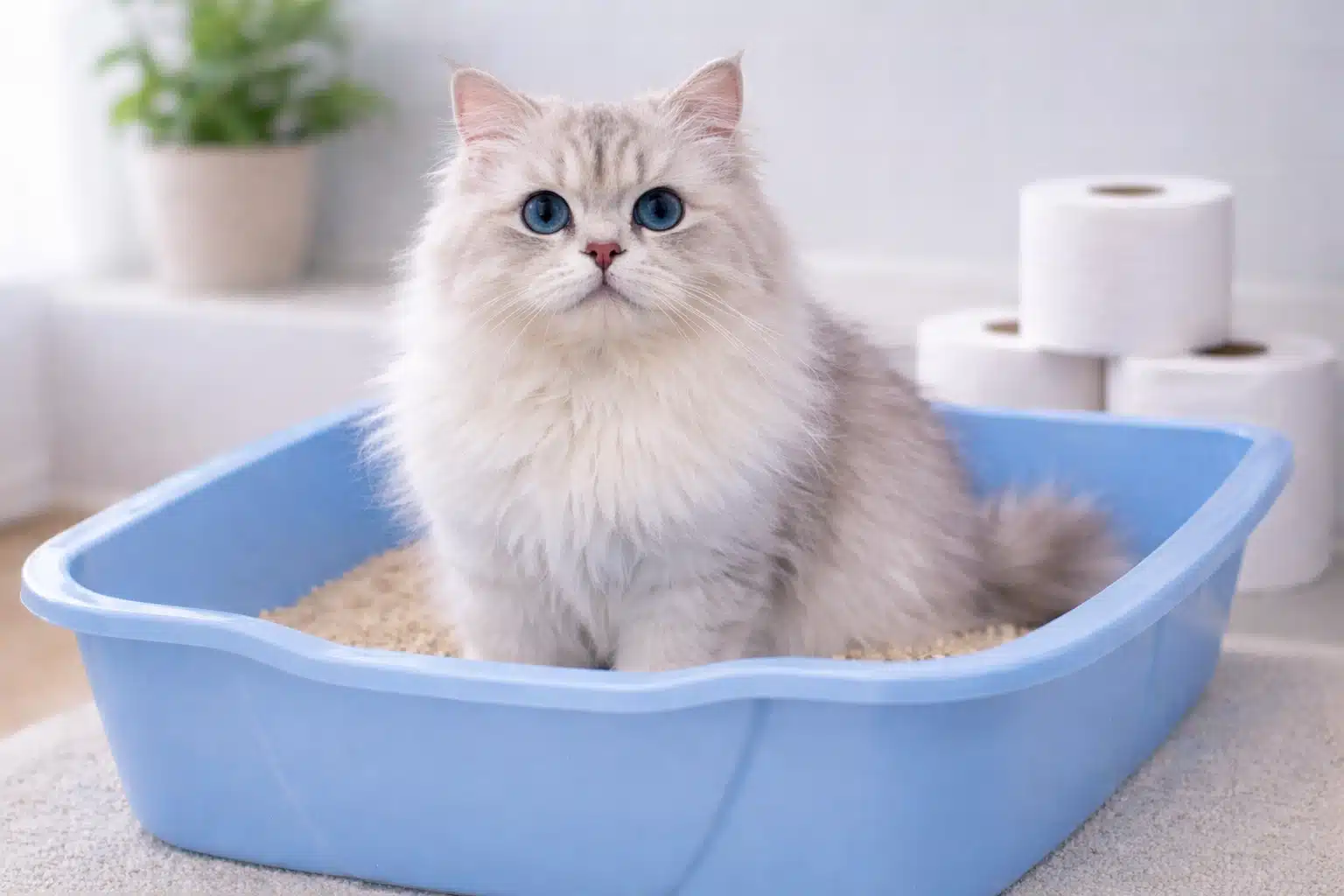 Long haired cat with blue eyes sitting in blue litter box filled with clumping litter indoors