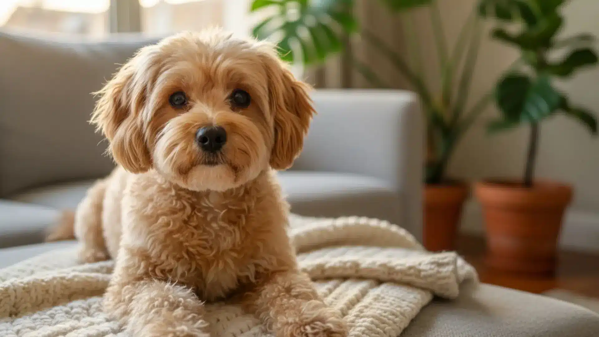 Maltipoo teddy bear dog resting on sofa with blanket small curly coated companion dog in bright living room