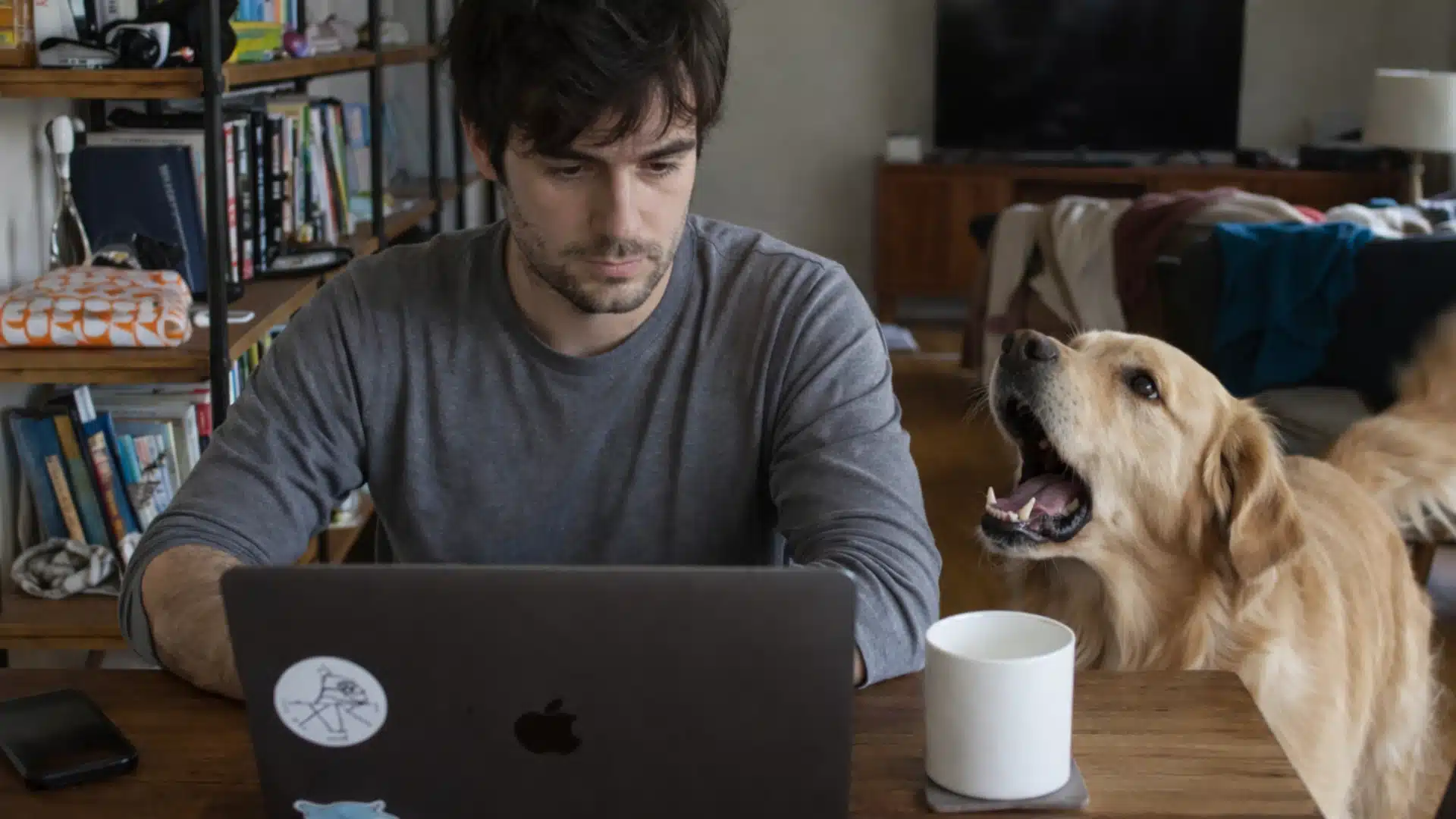 Man working on a laptop at a wooden table in a cluttered living room while a golden retriever beside him barks for attention