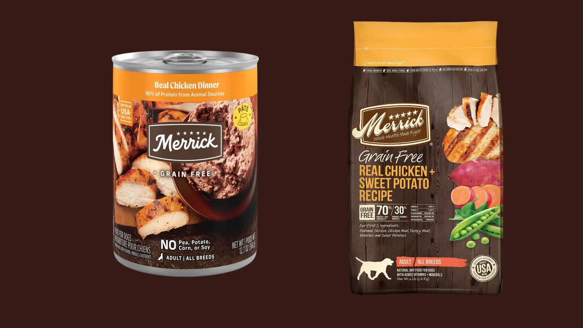 Merrick Real Texas Beef Dinner and Real Chicken Dinner grain free canned dog food