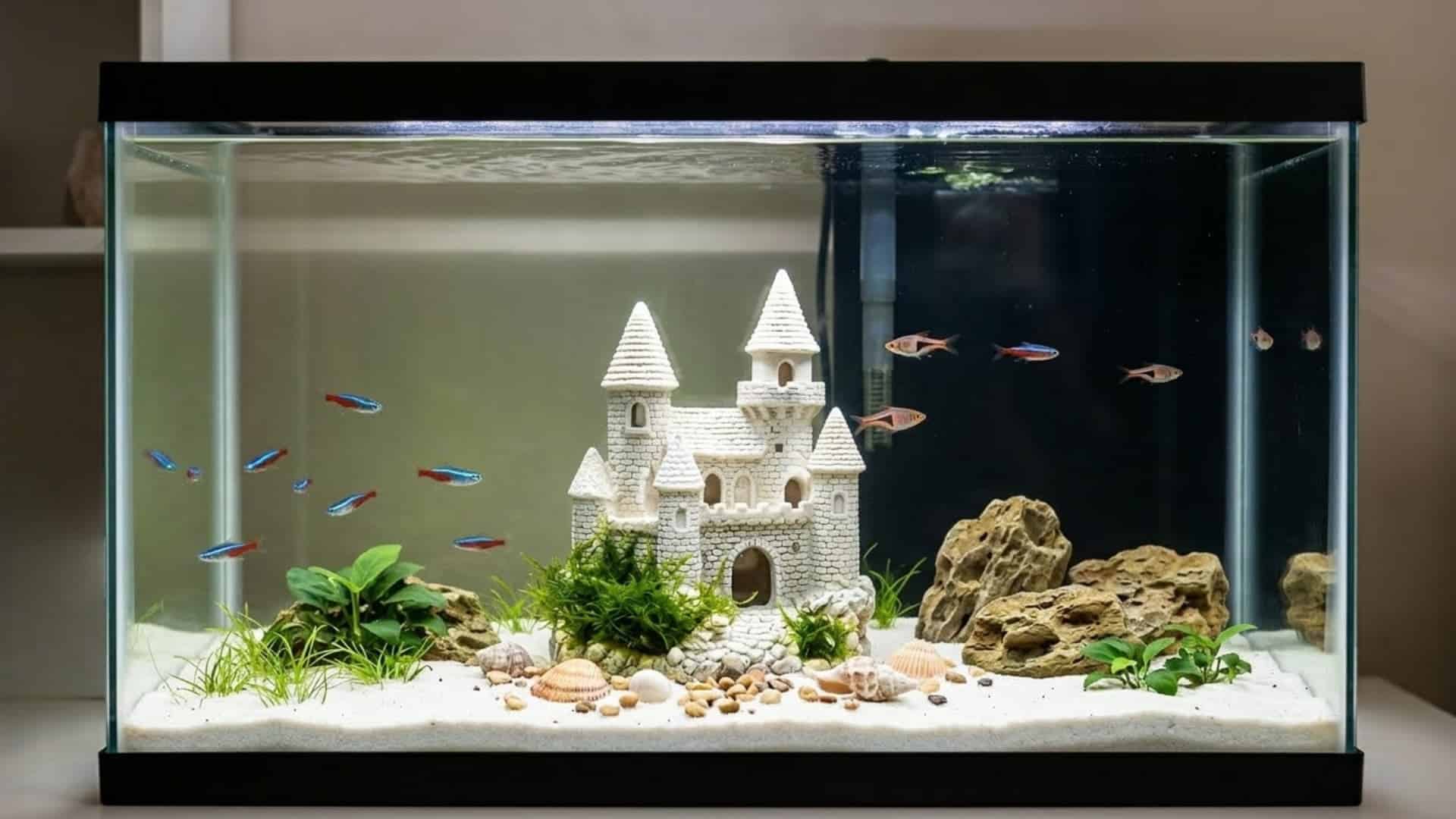 Miniature white castle aquarium with seashells, green plants, natural rocks, and neon tetras swimming