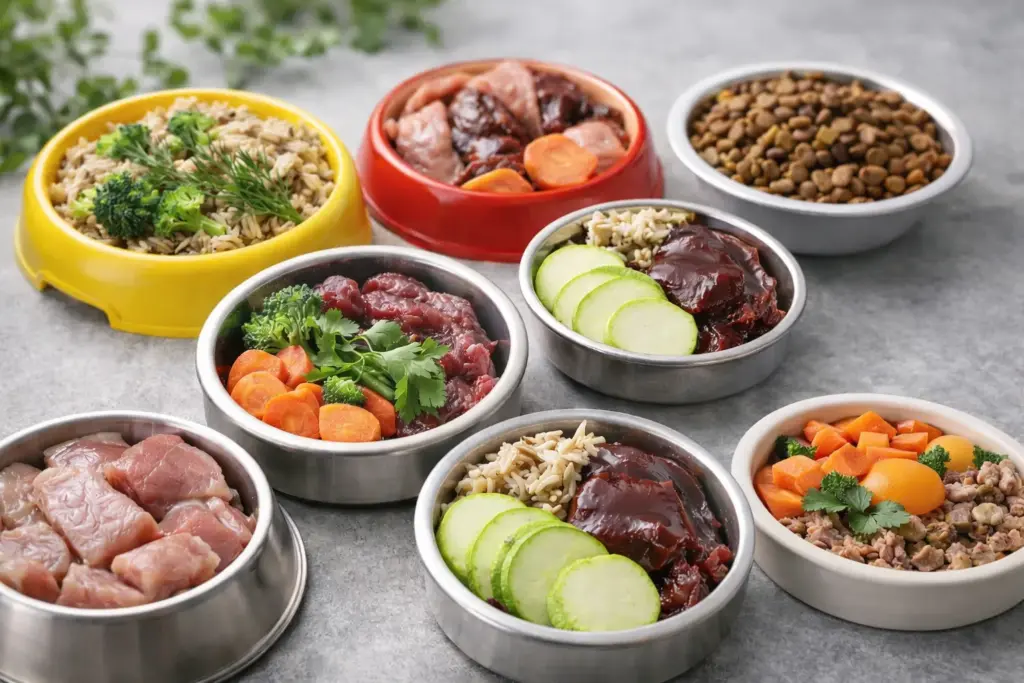 Multiple dog bowls filled with raw meat, vegetables, rice, and kibble arranged on a kitchen counter