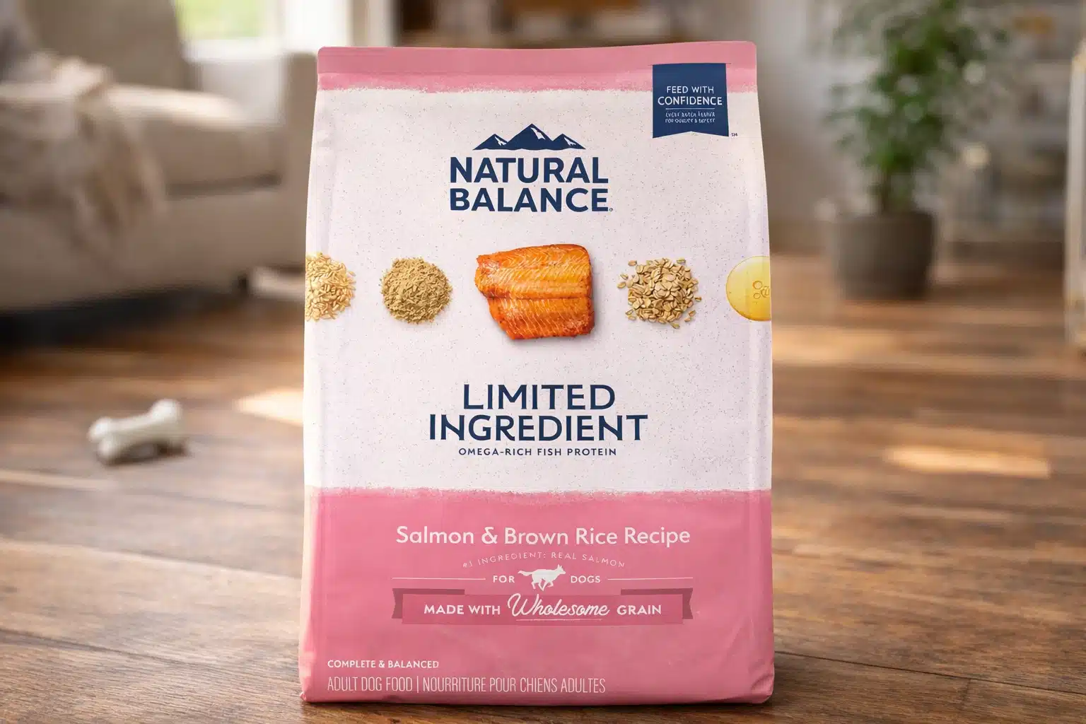 Natural Balance Limited Ingredient salmon and brown rice adult dry dog food bag indoors