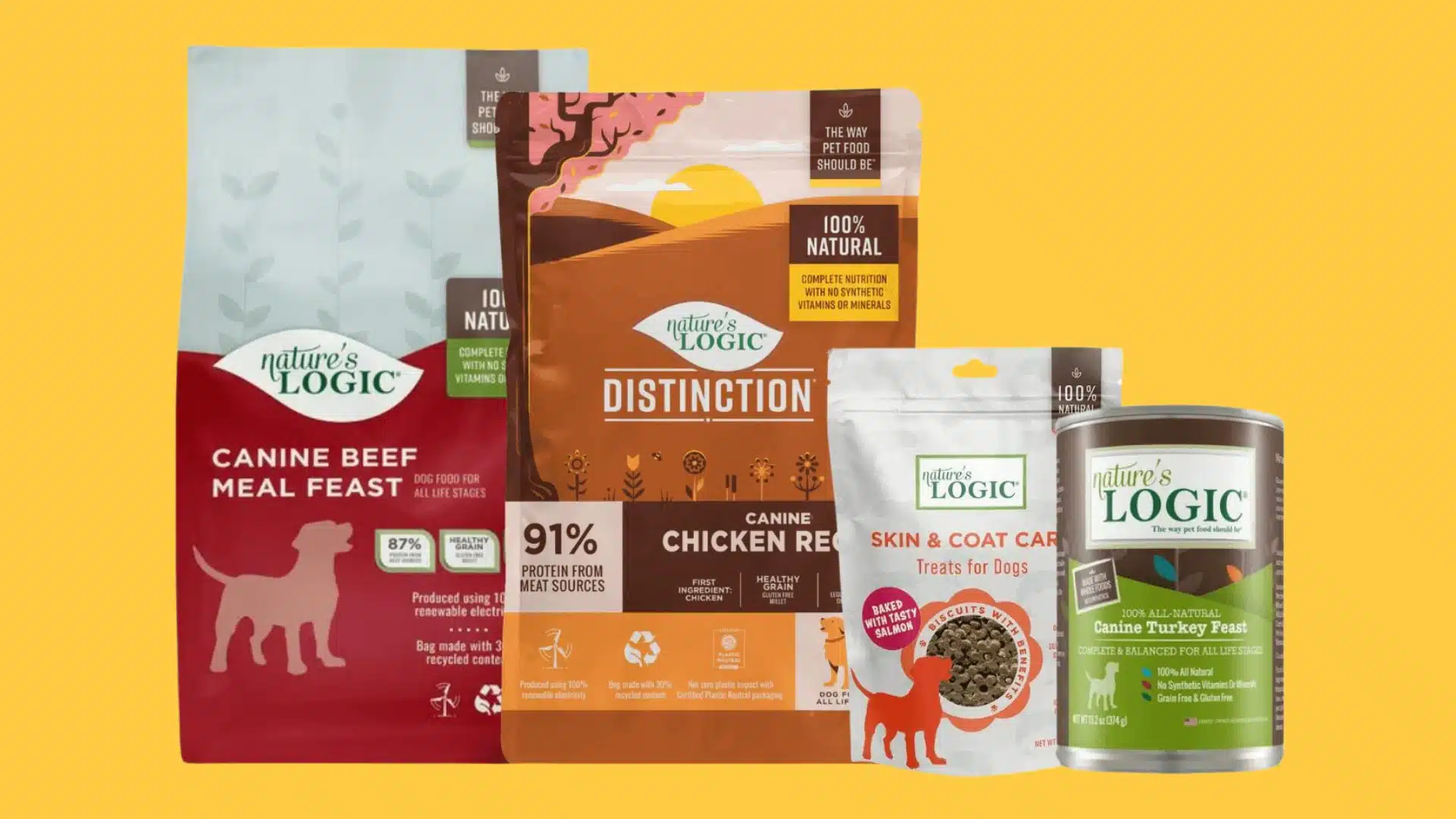 Nature’s Logic Distinction dog food with beef, chicken, turkey, and sardine recipes