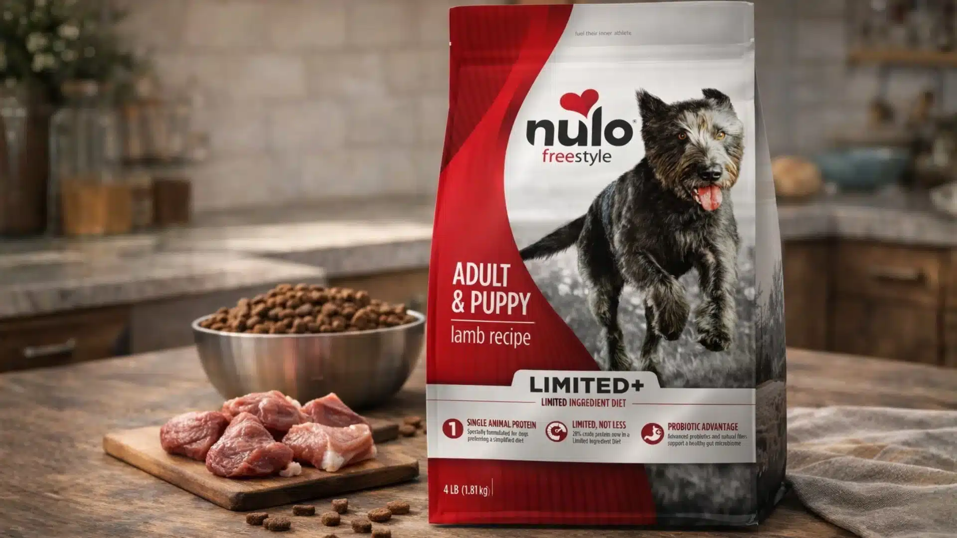 Nulo Freestyle Limited Plus Adult and Puppy Lamb Recipe dog food 4 lb bag on kitchen counter