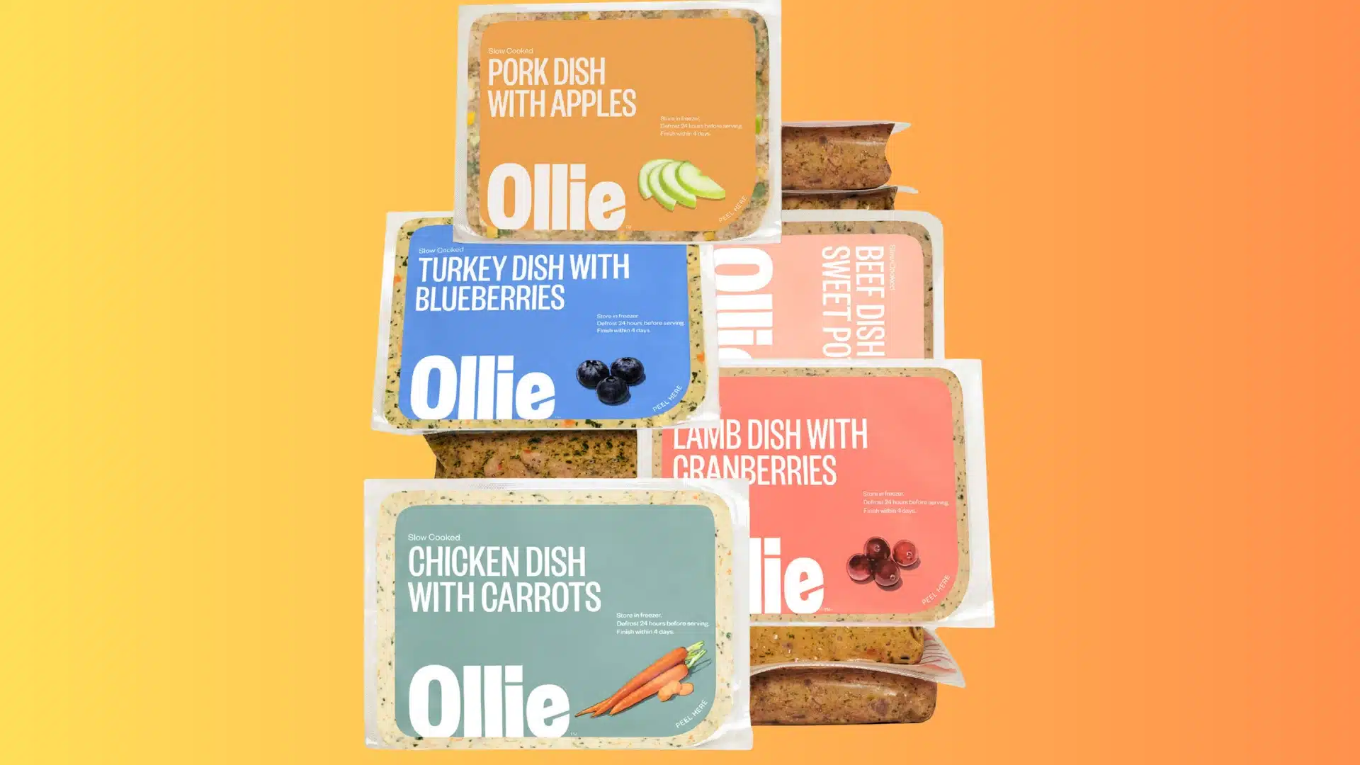 Ollie fresh dog food variety pack with pork, turkey, beef, lamb, and chicken meal recipes