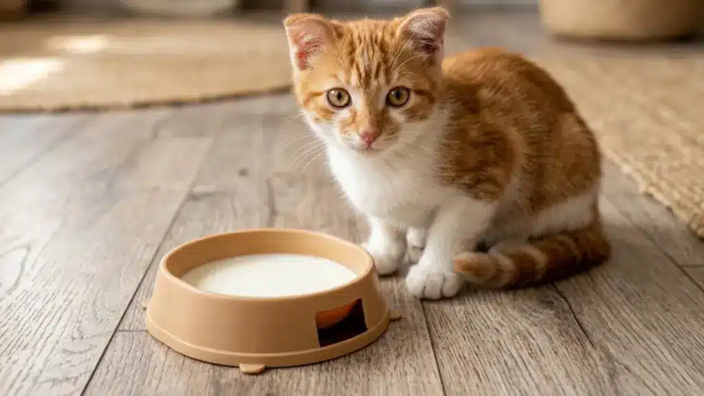 Orange and white kitten sitting near a bowl of milk on wooden floor inside a cozy home setting
