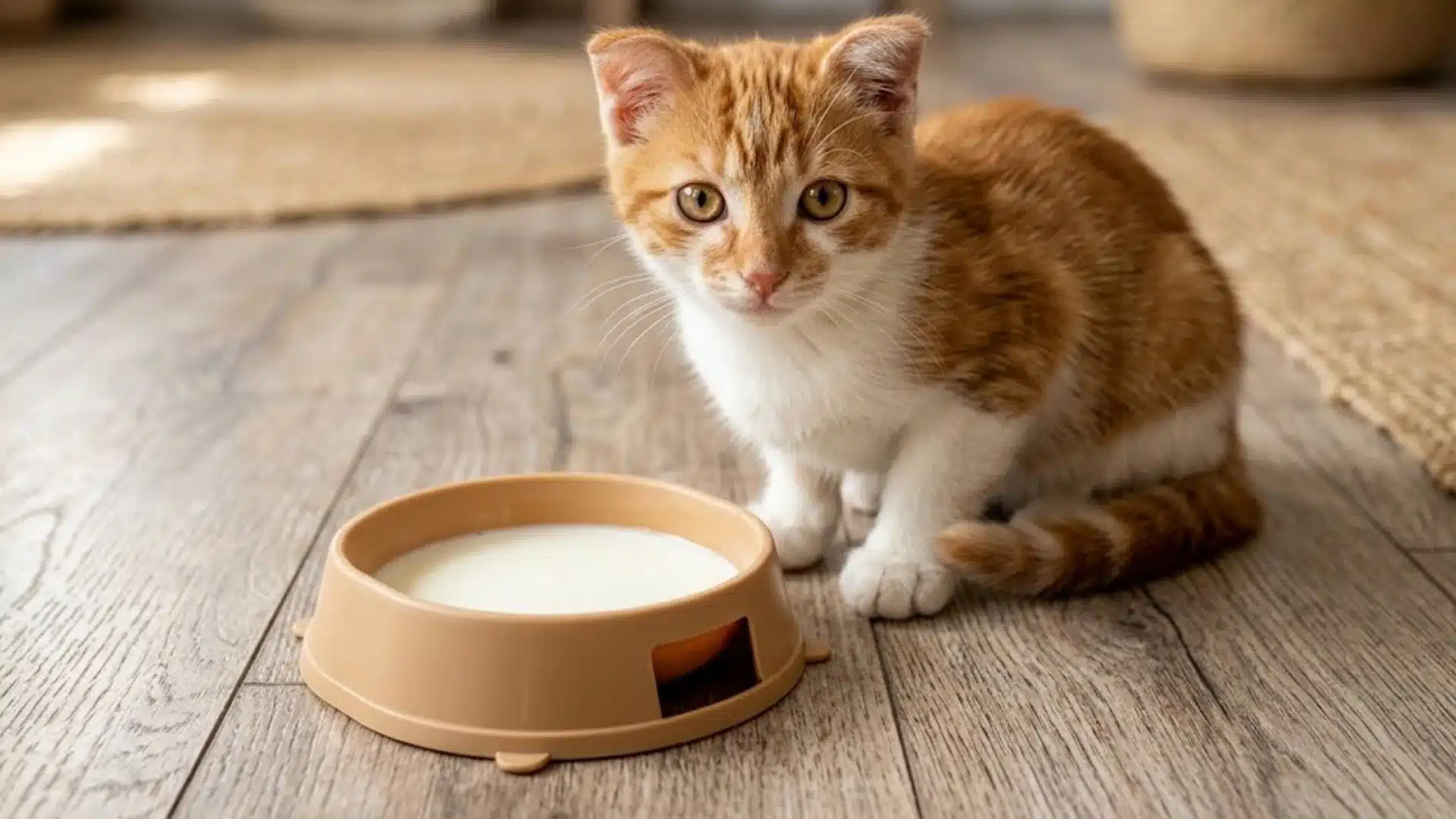 Orange and white kitten sitting near a bowl of milk on wooden floor inside a cozy home setting