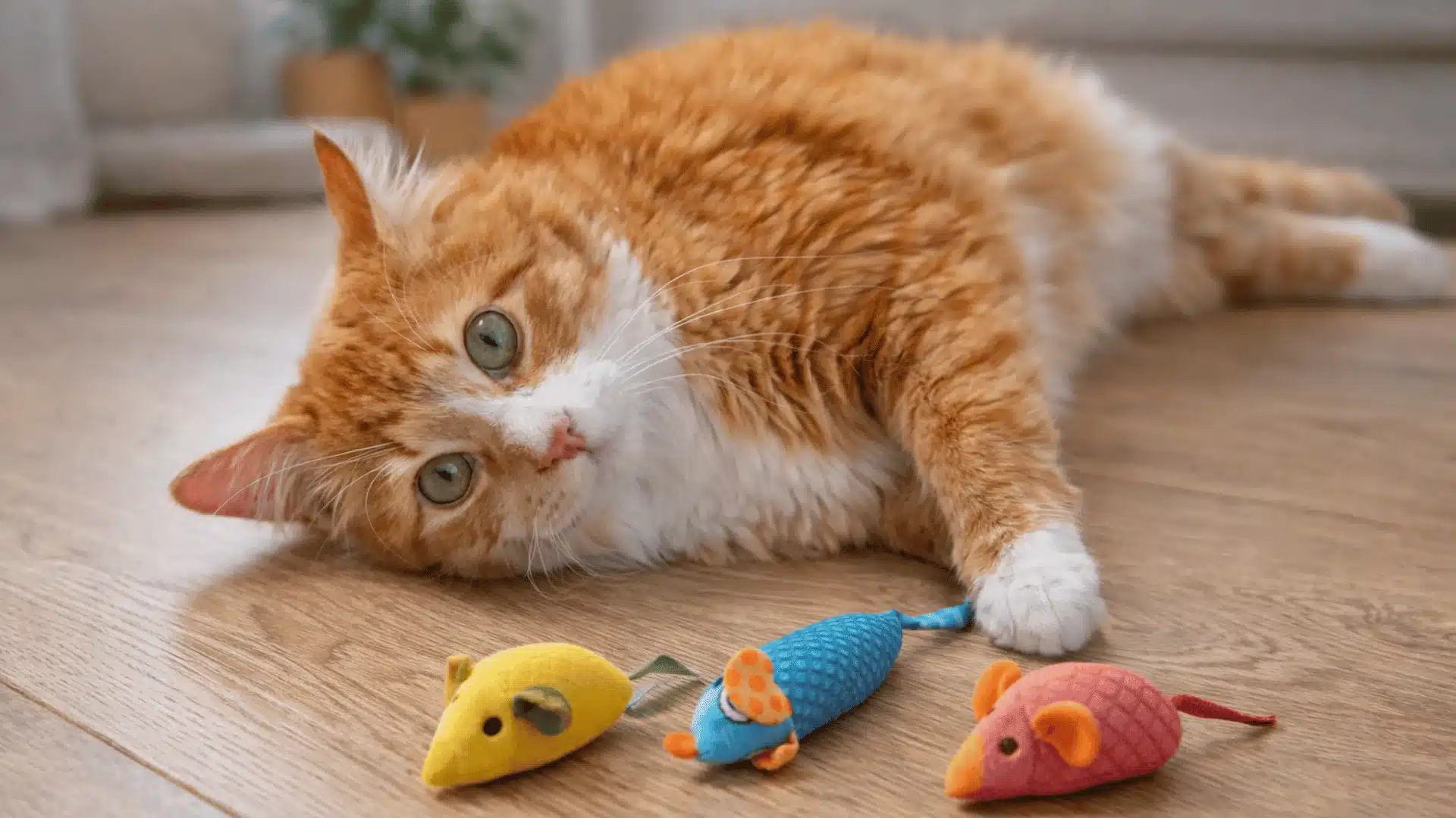 Orange cat lying on floor beside colorful mouse toys, looking relaxed in a bright room