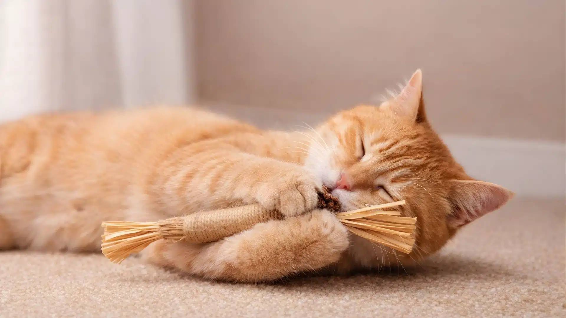 Orange kitten chewing on a toy