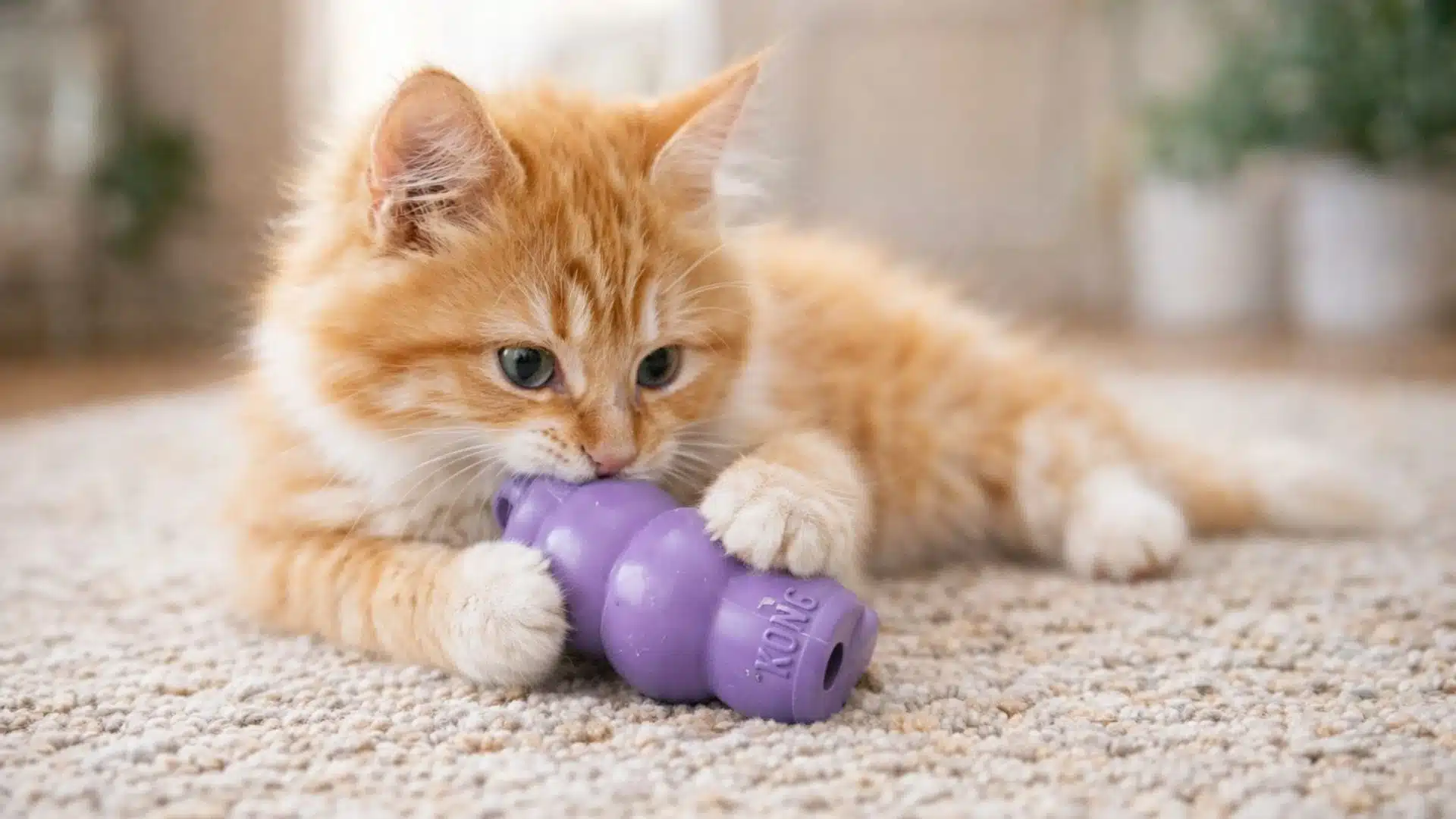Orange kitten playing with a purple chew toy