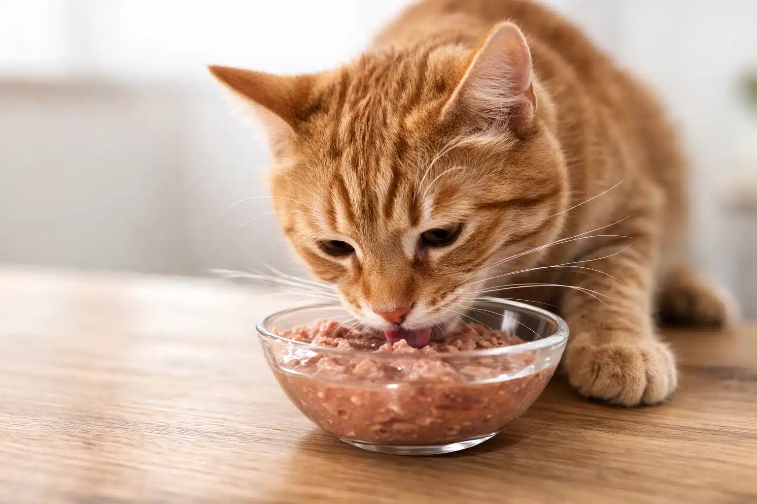 Orange tabby cat eating wet cat food from clear glass bowl on wooden table indoors