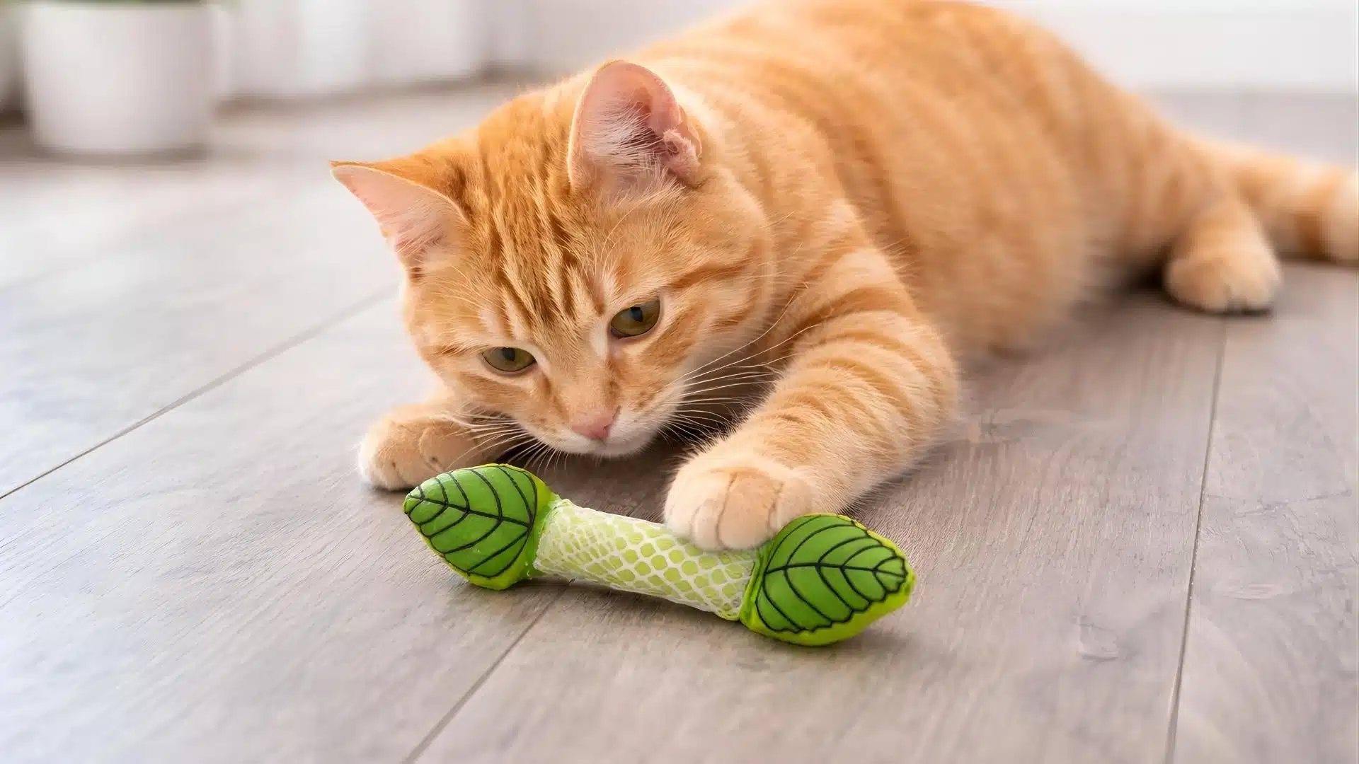 Orange tabby cat playing with a green chew toy