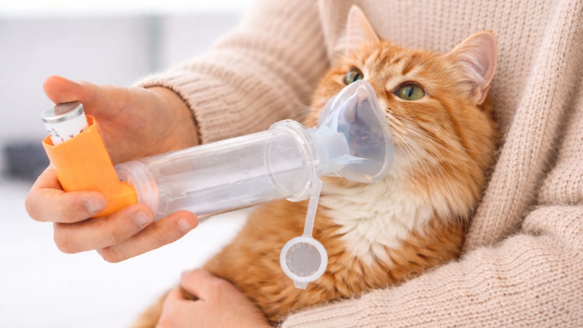 orange tabby cat receiving breathing treatment from veterinarian