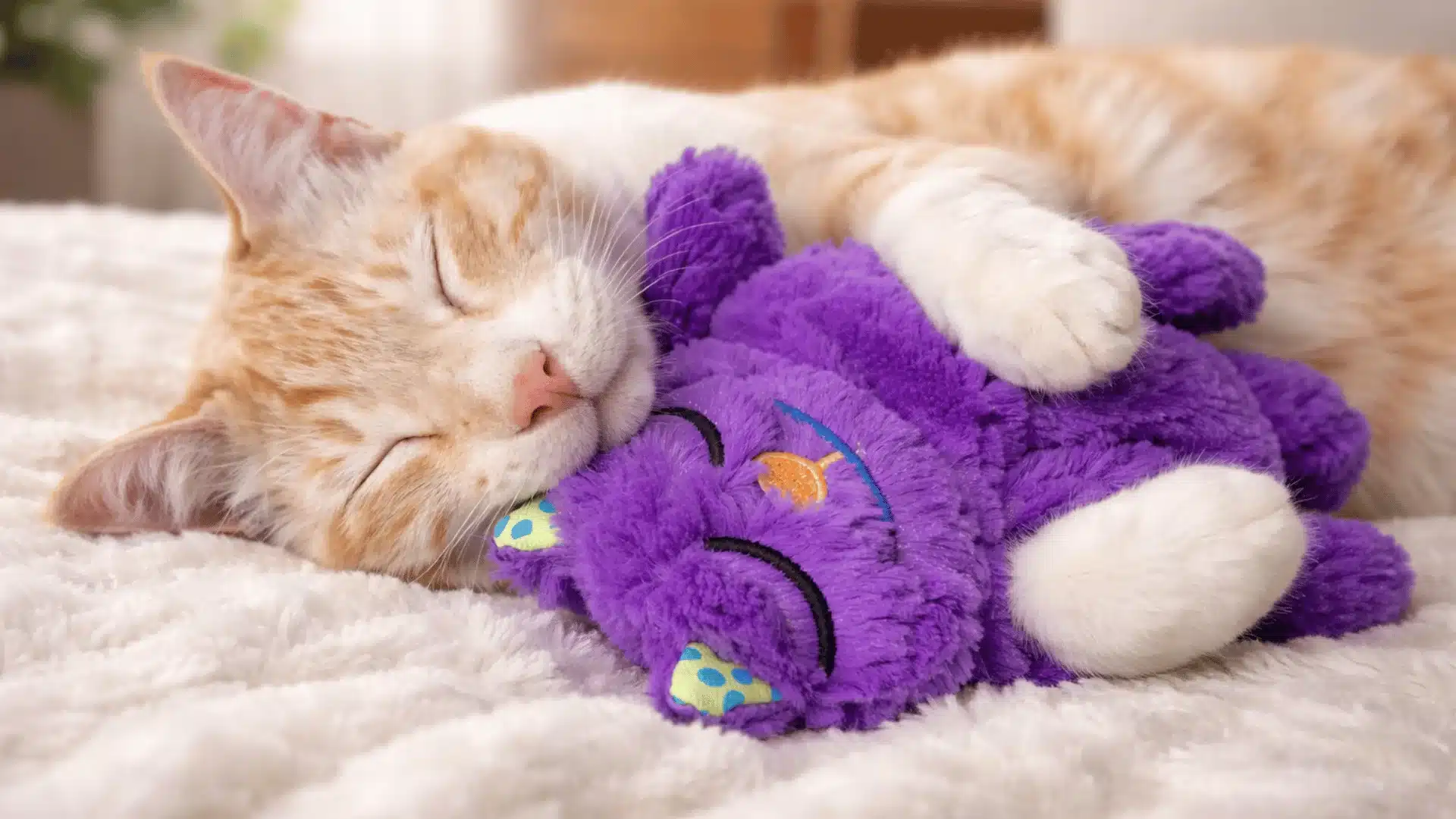 Orange tabby cat sleeping while cuddling a purple plush toy on a soft blanket