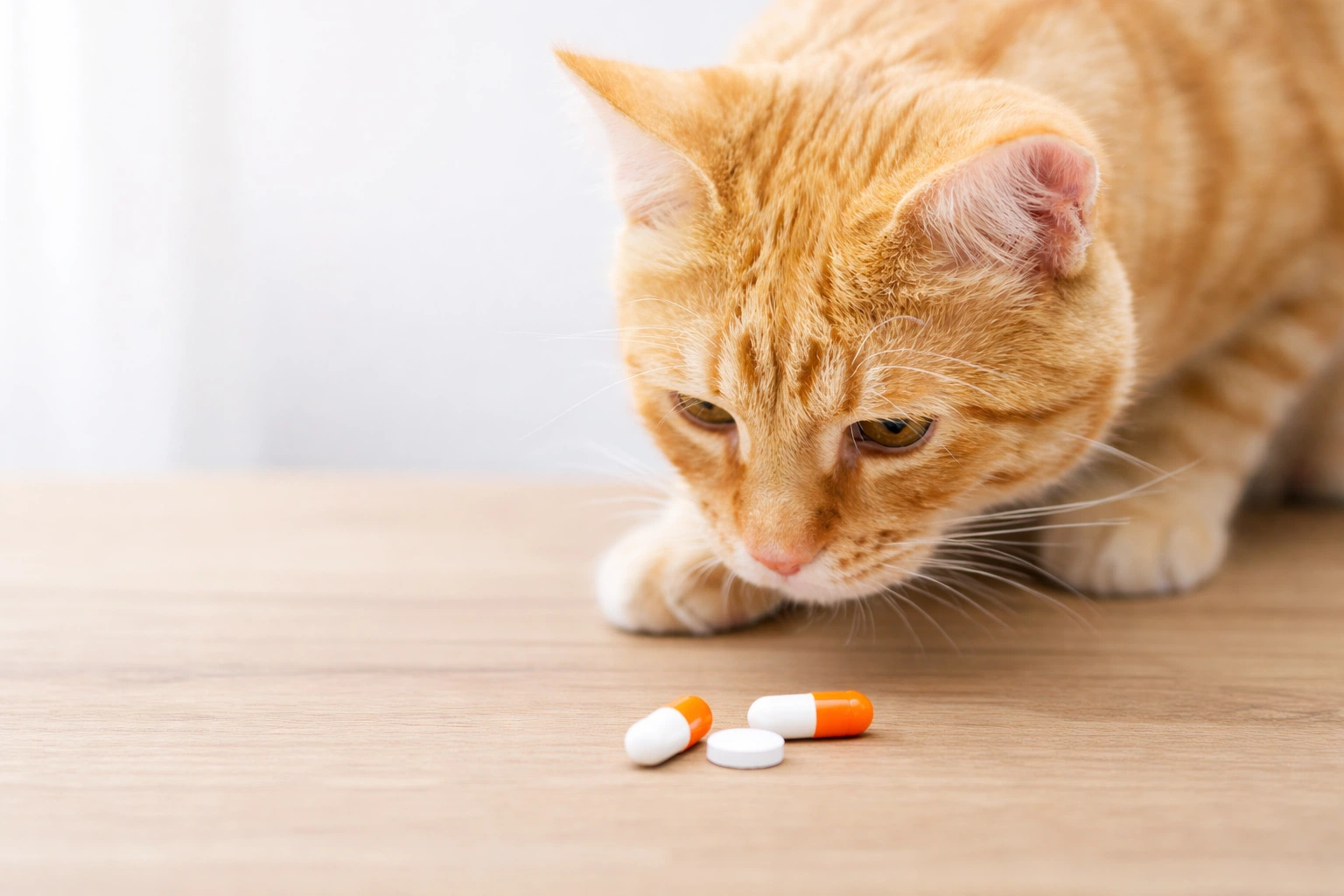 Orange tabby cat sniffing prescription pills on wooden floor at home close up
