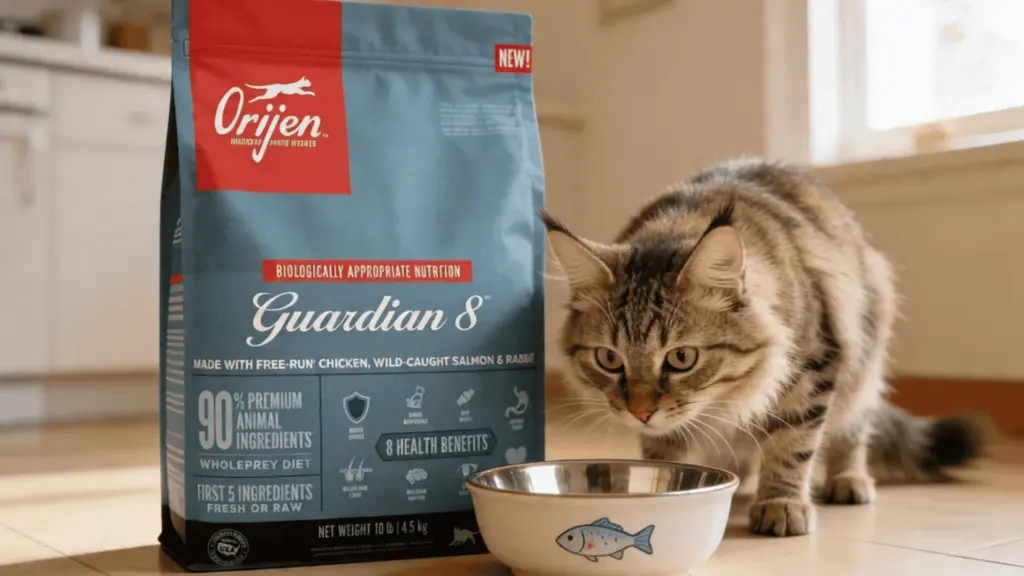 Orijen Guardian 8 cat food bag beside a cat eating from bowl, showing premium dry food packaging and feeding setup at home