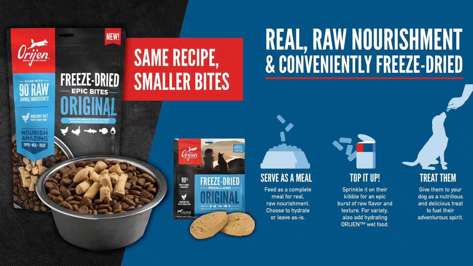 Orijen Original high protein dry dog food bag with 90 percent quality animal ingredients label